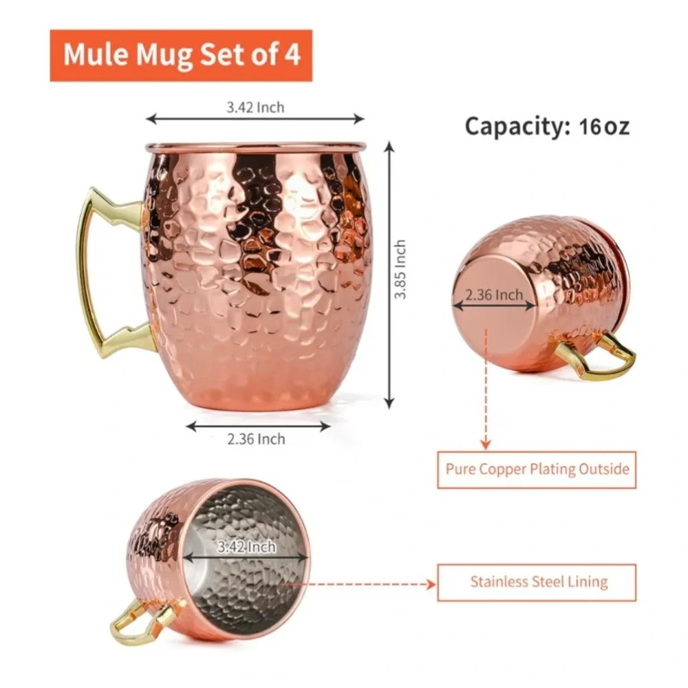 NEW 4 Hammered Copper Moscow‎ Mule Mugs 16oz Stainless Steel Lined Gold Handle